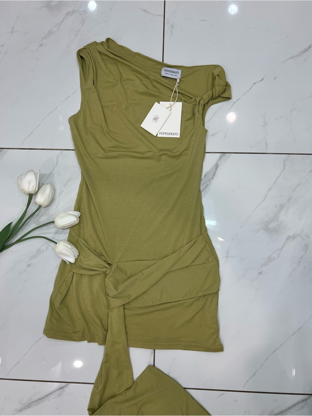 Peppermayo Olive One-Shoulder Tie-Waist Dress